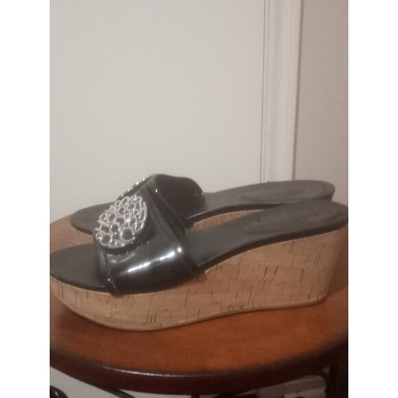 Coach Judith Black Patent Leather Cork Wedge Sandals Women's Size 8.5 B - Picture 8 of 12